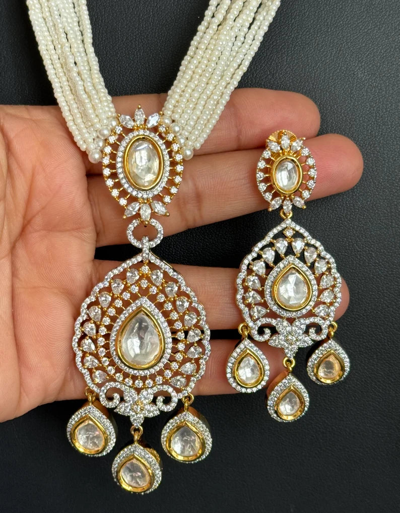 White Pearl kundan CZ long Necklace ,CZ Diamond Long Necklace/Indian Long Necklace/Indian wedding/Bridal jewelry/Pakistani/Punjabi