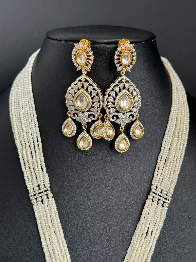 White Pearl kundan CZ long Necklace ,CZ Diamond Long Necklace/Indian Long Necklace/Indian wedding/Bridal jewelry/Pakistani/Punjabi