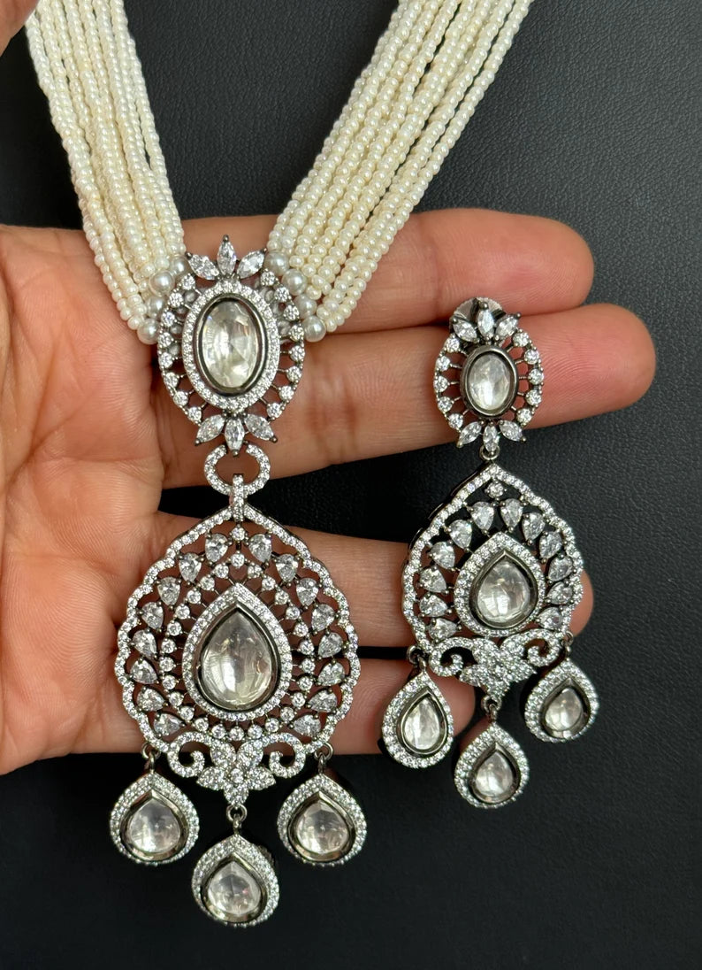 White Pearl kundan CZ long Necklace ,CZ Diamond Long Necklace/Indian Long Necklace/Indian wedding/Bridal jewelry/Pakistani/Punjabi