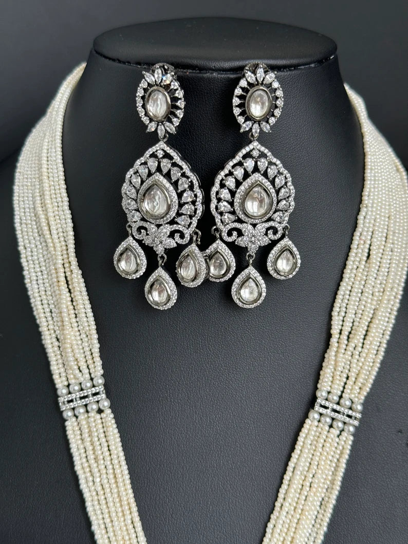 White Pearl kundan CZ long Necklace ,CZ Diamond Long Necklace/Indian Long Necklace/Indian wedding/Bridal jewelry/Pakistani/Punjabi