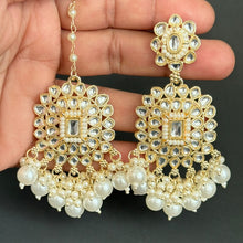 Pearl kundan Tikka Earring Set- Indian Bridal Maang Tikka, Teeka, Tika Pearl Jewelry For Women - Bollywood Bridesmaid Gift