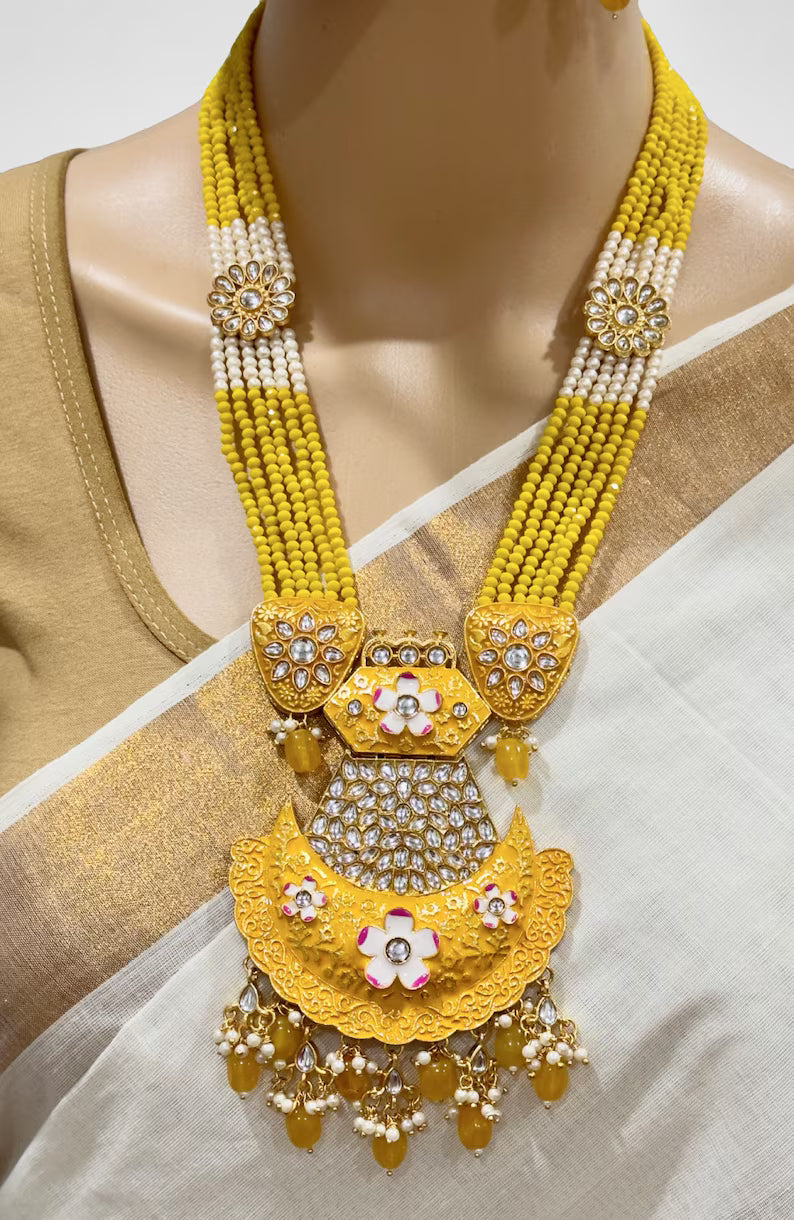 Yellow Kundan long necklace/Indian jewelry/Kundan rani haar/Mala necklace set/Indian Wedding/Bridal Necklace/Punjabi Jewelry/Pakistani