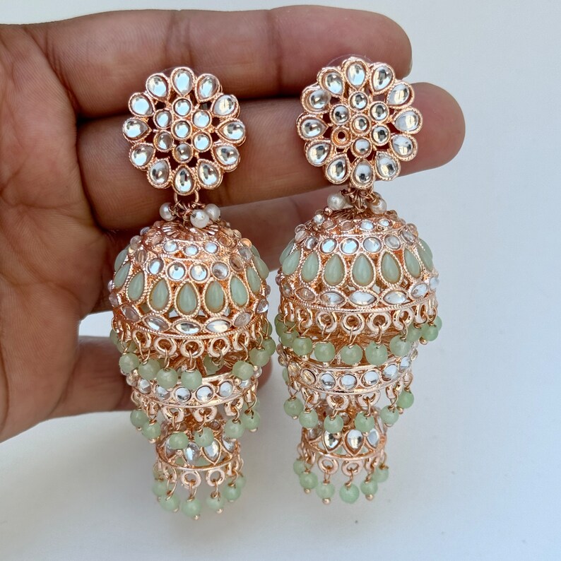 Bollywood RoseGold Kundan Jhumka earrings,Indian Kundan Earrings, Pakistani Jewelry, Indian Jewelry, Punjabi