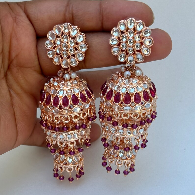 Bollywood RoseGold Kundan Jhumka earrings,Indian Kundan Earrings, Pakistani Jewelry, Indian Jewelry, Punjabi