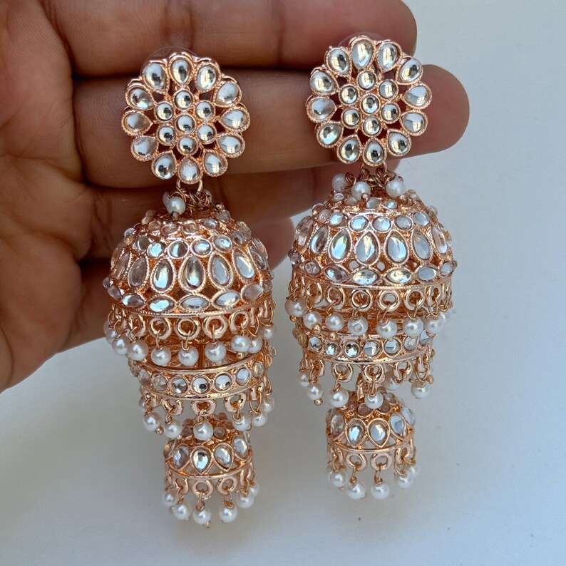 Bollywood RoseGold Kundan Jhumka earrings,Indian Kundan Earrings, Pakistani Jewelry, Indian Jewelry, Punjabi