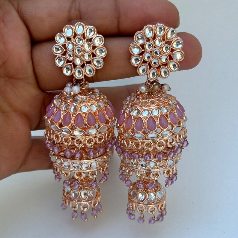 Bollywood RoseGold Kundan Jhumka earrings,Indian Kundan Earrings, Pakistani Jewelry, Indian Jewelry, Punjabi