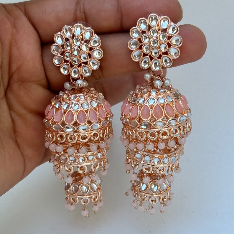 Bollywood RoseGold Kundan Jhumka earrings,Indian Kundan Earrings, Pakistani Jewelry, Indian Jewelry, Punjabi