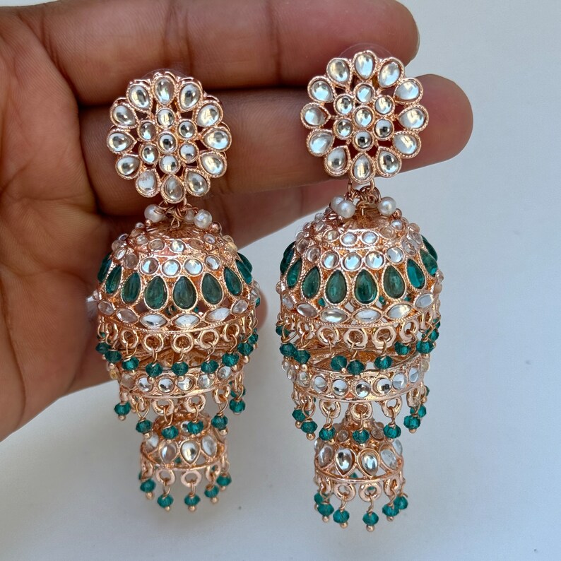 Bollywood RoseGold Kundan Jhumka earrings,Indian Kundan Earrings, Pakistani Jewelry, Indian Jewelry, Punjabi