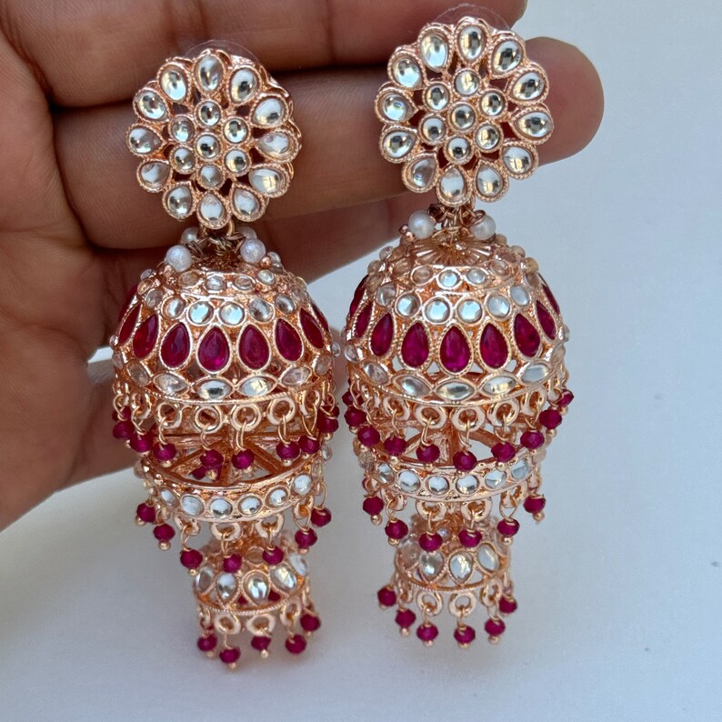 Bollywood RoseGold Kundan Jhumka earrings,Indian Kundan Earrings, Pakistani Jewelry, Indian Jewelry, Punjabi