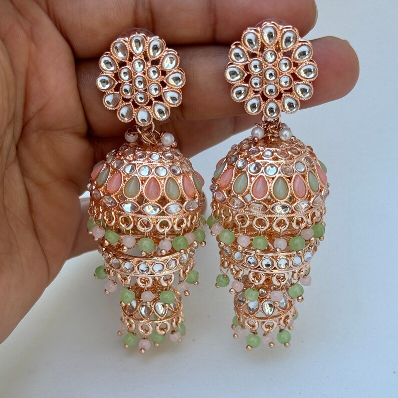 Bollywood RoseGold Kundan Jhumka earrings,Indian Kundan Earrings, Pakistani Jewelry, Indian Jewelry, Punjabi