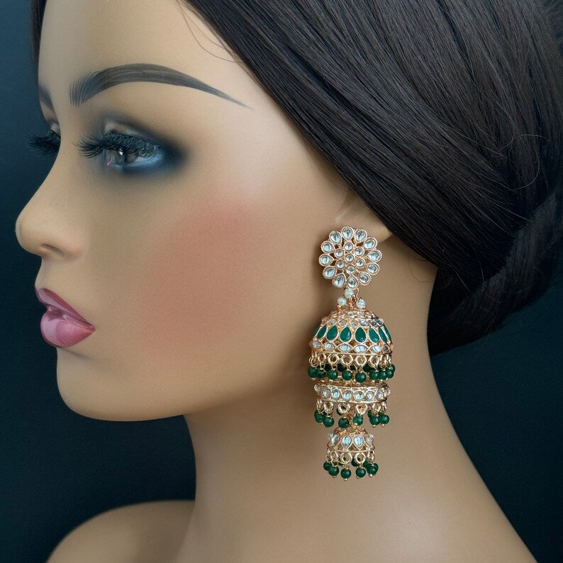 Bollywood RoseGold Kundan Jhumka earrings,Indian Kundan Earrings, Pakistani Jewelry, Indian Jewelry, Punjabi