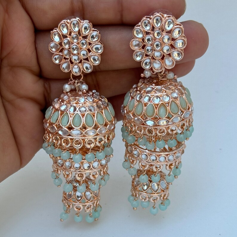Bollywood RoseGold Kundan Jhumka earrings,Indian Kundan Earrings, Pakistani Jewelry, Indian Jewelry, Punjabi