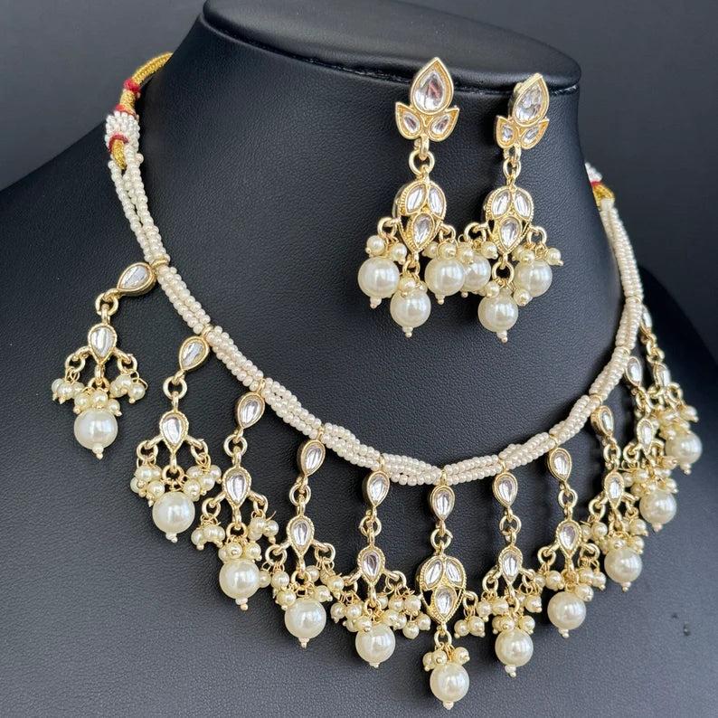 White Pearl Kundan Necklace Set/Kundan Choker/ Bollywood Jewelry/ Indian jewelry/ Pakistani necklace/ punjabi necklace/bridal/indian wedding