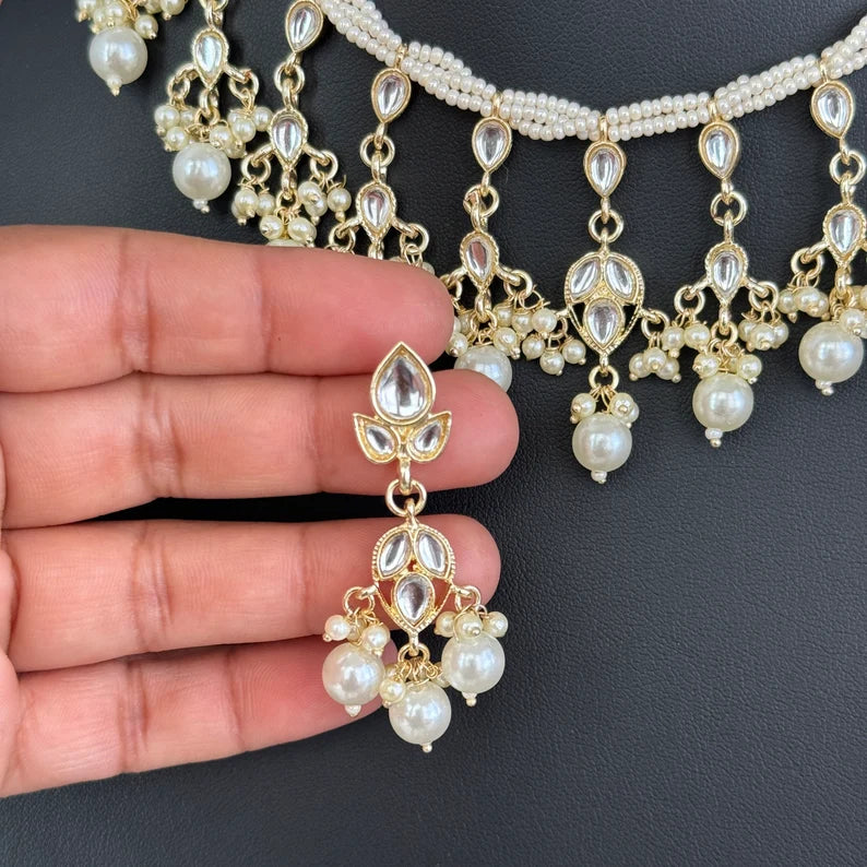 White Pearl Kundan Necklace Set/Kundan Choker/ Bollywood Jewelry/ Indian jewelry/ Pakistani necklace/ punjabi necklace/bridal/indian wedding