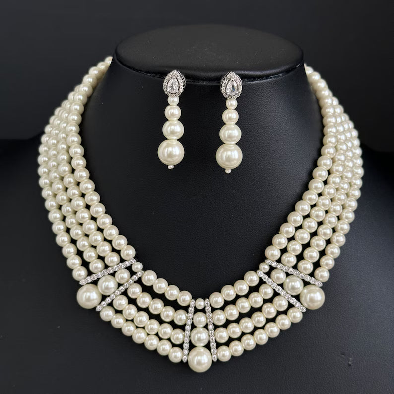 White Pearl CZ choker set/American Diamond Necklace Set/Statement Necklace/Elegant Jewelry/Indian Jewelry/Indian Wedding/bridal
