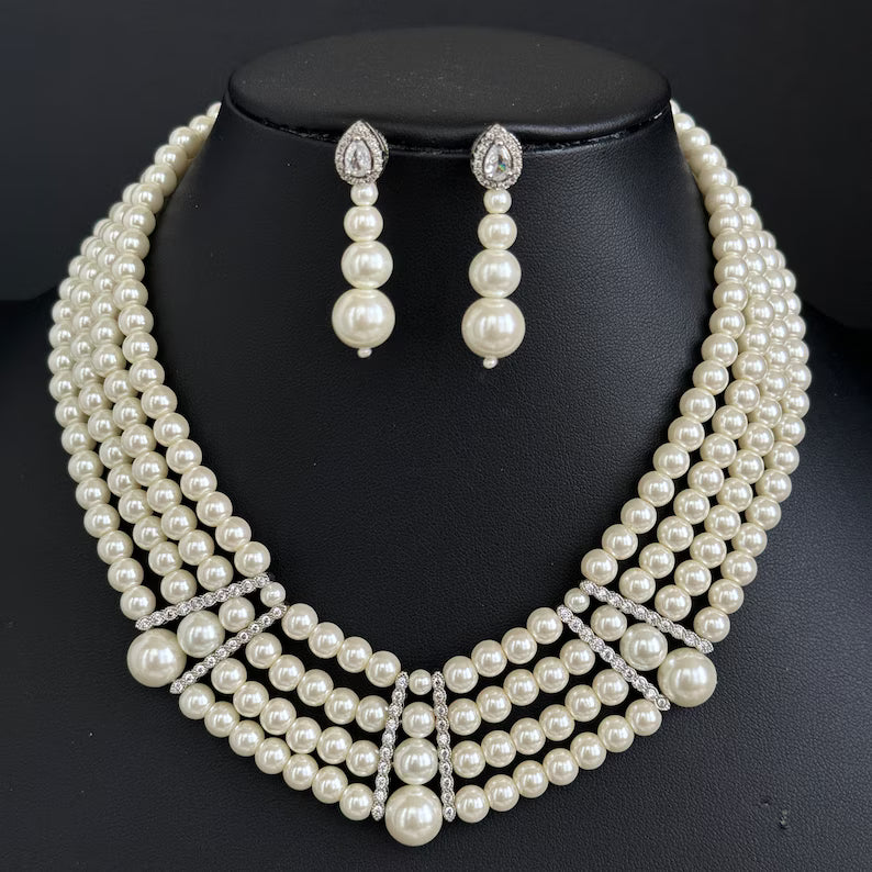 White Pearl CZ choker set/American Diamond Necklace Set/Statement Necklace/Elegant Jewelry/Indian Jewelry/Indian Wedding/bridal