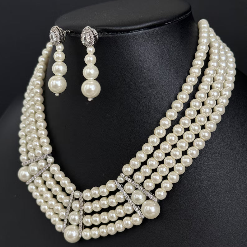 White Pearl CZ choker set/American Diamond Necklace Set/Statement Necklace/Elegant Jewelry/Indian Jewelry/Indian Wedding/bridal