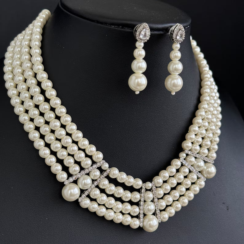 White Pearl CZ choker set/American Diamond Necklace Set/Statement Necklace/Elegant Jewelry/Indian Jewelry/Indian Wedding/bridal