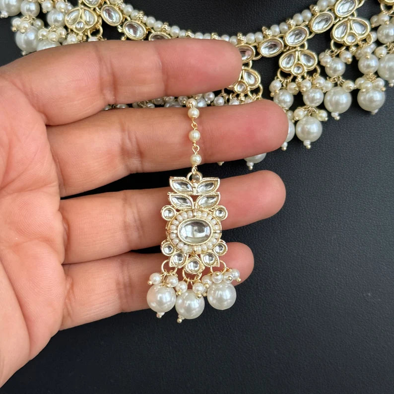 White Pearl Kundan Necklace Set/Kundan Choker/ Bollywood Jewelry/ Indian Pakistani necklace/ punjabi necklace/bridal necklace/indian wedding
