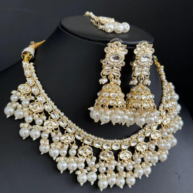 White Pearl Kundan Necklace Set/Kundan Choker/ Bollywood Jewelry/ Indian Pakistani necklace/ punjabi necklace/bridal necklace/indian wedding
