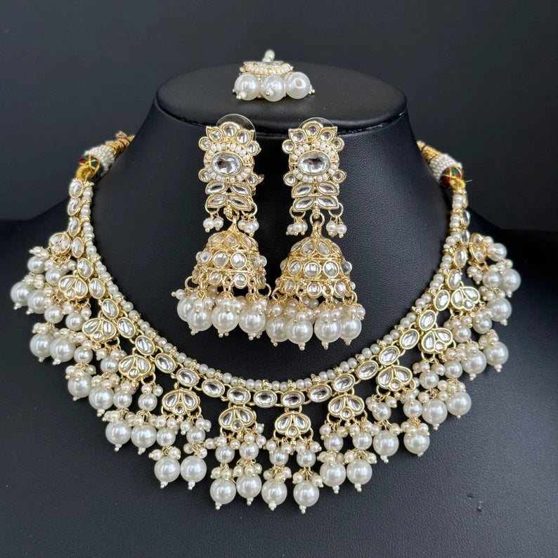 White Pearl Kundan Necklace Set/Kundan Choker/ Bollywood Jewelry/ Indian Pakistani necklace/ punjabi necklace/bridal necklace/indian wedding