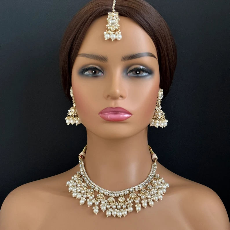 White Pearl Kundan Necklace Set/Kundan Choker/ Bollywood Jewelry/ Indian Pakistani necklace/ punjabi necklace/bridal necklace/indian wedding
