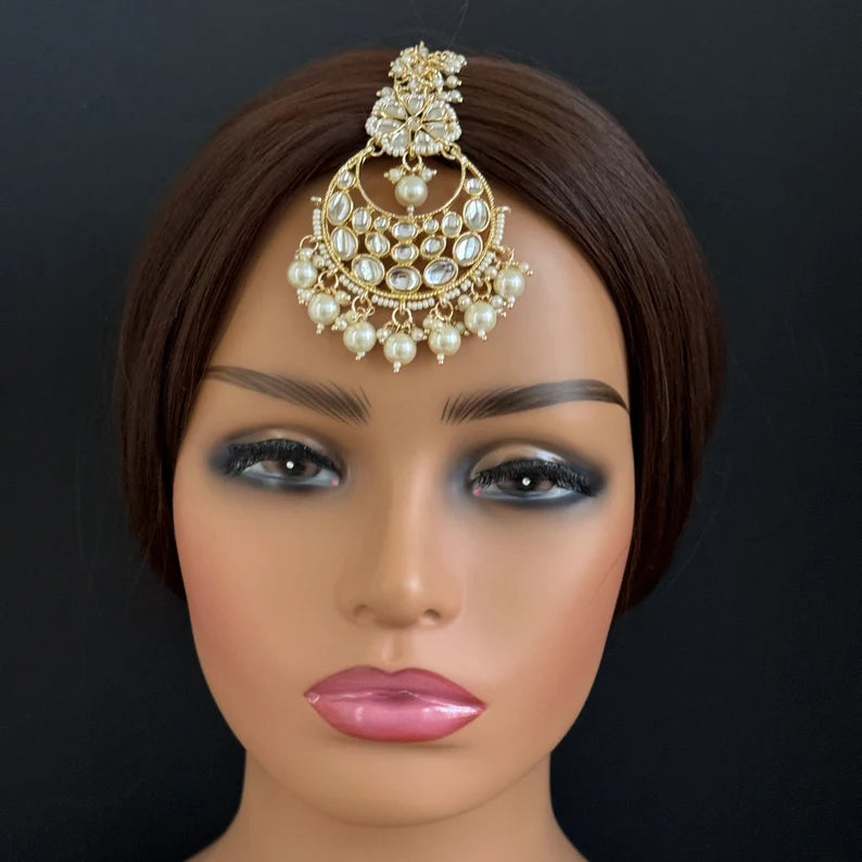 White Pearl Kundan Maang tikka/Kundan Tikka/Indian Jewelry\Indian Wedding\Pakistani Jewelry/Jhoomer/Matha patti/Indian forehead jewelry