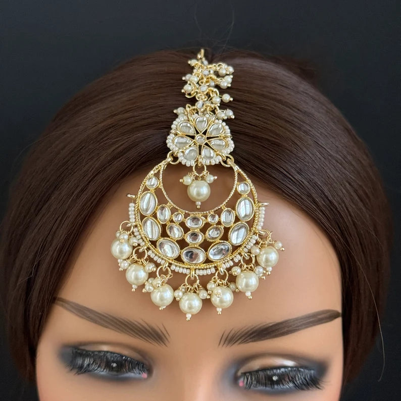 White Pearl Kundan Maang tikka/Kundan Tikka/Indian Jewelry\Indian Wedding\Pakistani Jewelry/Jhoomer/Matha patti/Indian forehead jewelry