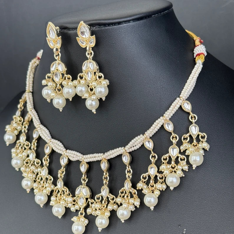 White Pearl Kundan Necklace Set/Kundan Choker/ Bollywood Jewelry/ Indian jewelry/ Pakistani necklace/ punjabi necklace/bridal/indian wedding