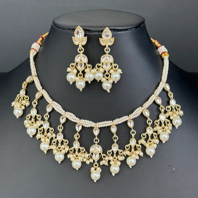 White Pearl Kundan Necklace Set/Kundan Choker/ Bollywood Jewelry/ Indian jewelry/ Pakistani necklace/ punjabi necklace/bridal/indian wedding