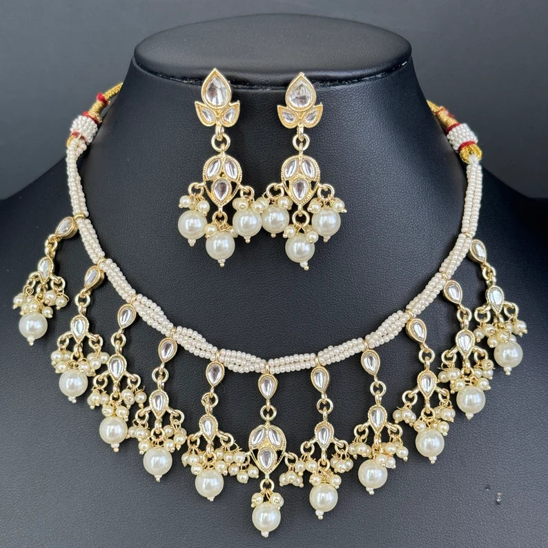 White Pearl Kundan Necklace Set/Kundan Choker/ Bollywood Jewelry/ Indian jewelry/ Pakistani necklace/ punjabi necklace/bridal/indian wedding