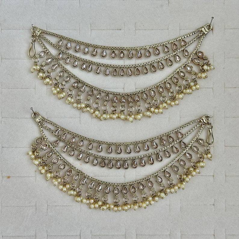 Antique dull Gold Polki pearl Ear Chain/Sahare/Pearl kaan chain/Earring support chain/Indian Jewelry/Pakistani Jewelry/Bahubali Kaan sahara