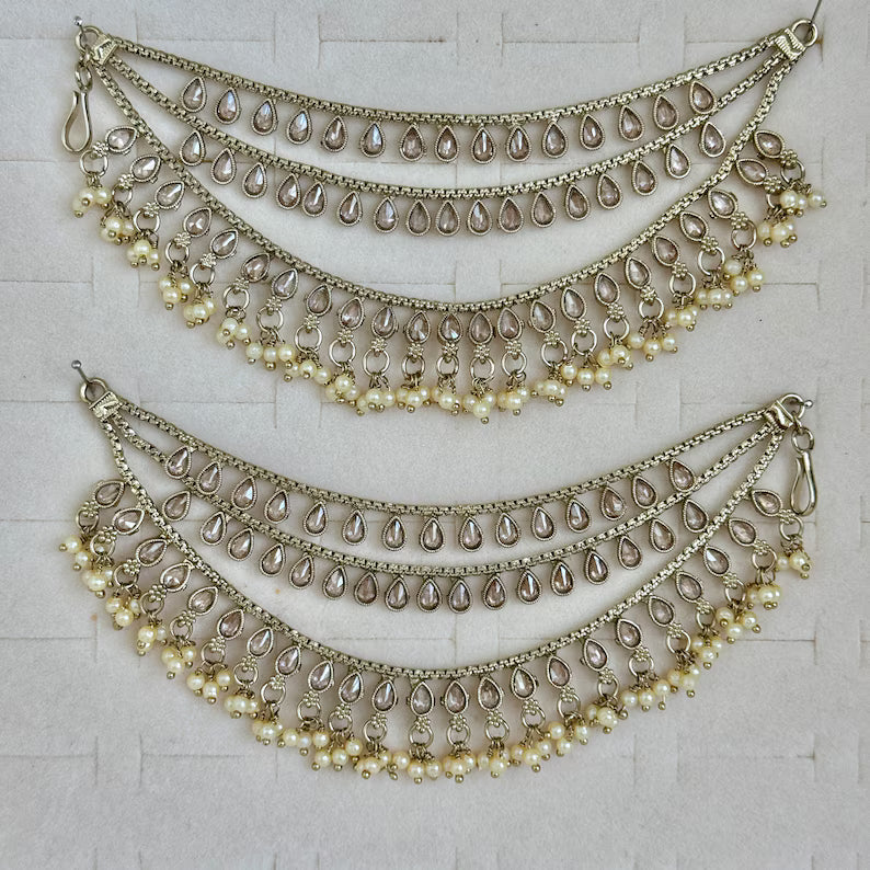 Antique dull Gold Polki pearl Ear Chain/Sahare/Pearl kaan chain/Earring support chain/Indian Jewelry/Pakistani Jewelry/Bahubali Kaan sahara