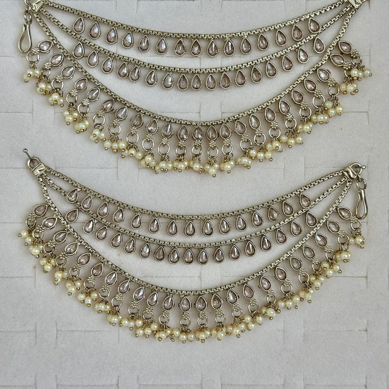 Antique dull Gold Polki pearl Ear Chain/Sahare/Pearl kaan chain/Earring support chain/Indian Jewelry/Pakistani Jewelry/Bahubali Kaan sahara