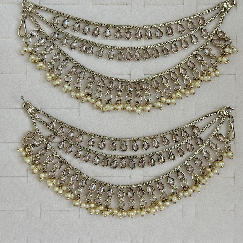 Antique dull Gold Polki pearl Ear Chain/Sahare/Pearl kaan chain/Earring support chain/Indian Jewelry/Pakistani Jewelry/Bahubali Kaan sahara
