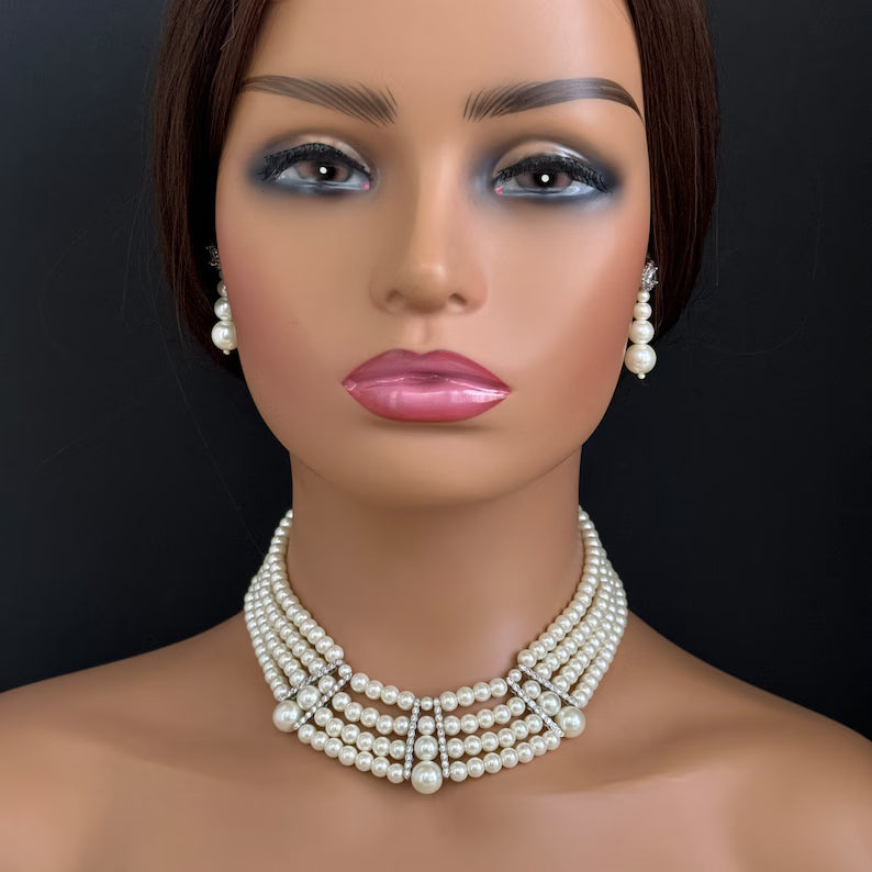White Pearl CZ choker set/American Diamond Necklace Set/Statement Necklace/Elegant Jewelry/Indian Jewelry/Indian Wedding/bridal