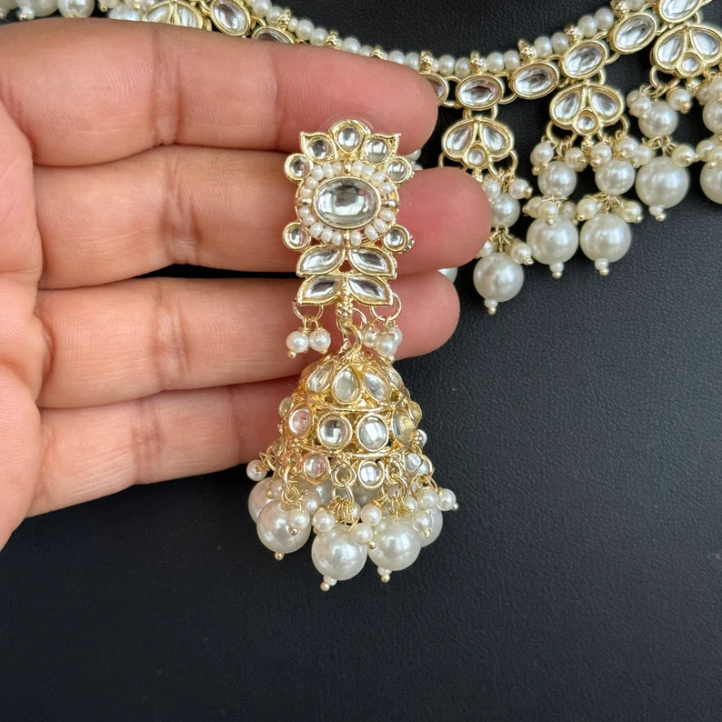 White Pearl Kundan Necklace Set/Kundan Choker/ Bollywood Jewelry/ Indian Pakistani necklace/ punjabi necklace/bridal necklace/indian wedding