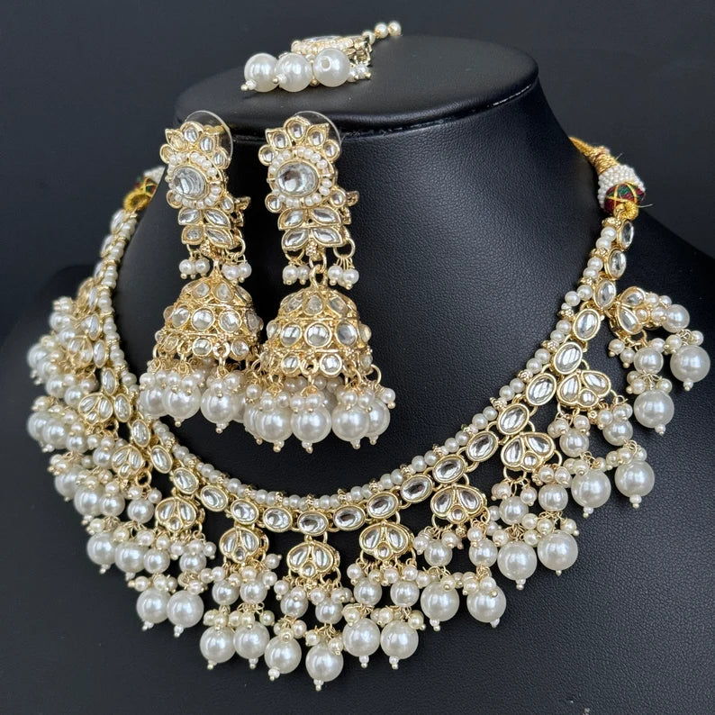 White Pearl Kundan Necklace Set/Kundan Choker/ Bollywood Jewelry/ Indian Pakistani necklace/ punjabi necklace/bridal necklace/indian wedding