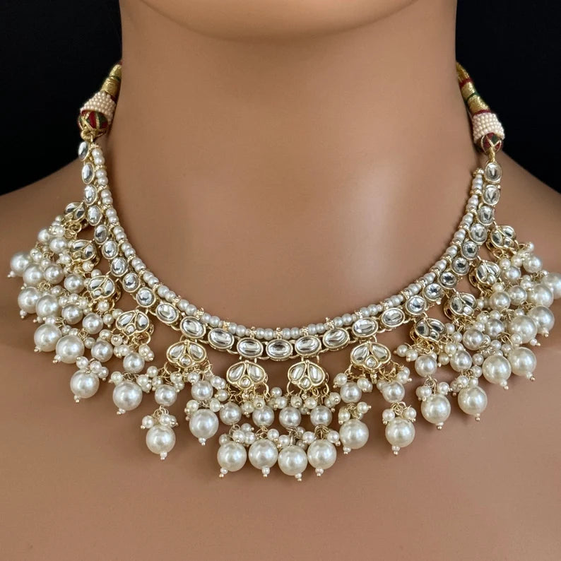White Pearl Kundan Necklace Set/Kundan Choker/ Bollywood Jewelry/ Indian Pakistani necklace/ punjabi necklace/bridal necklace/indian wedding