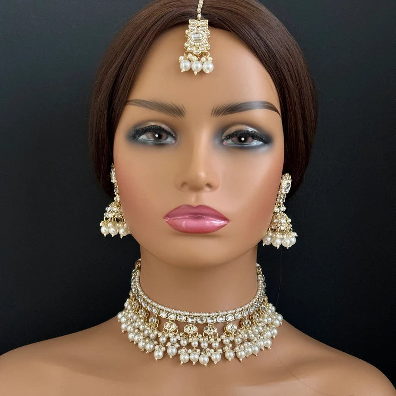 White Pearl Kundan Necklace Set/Kundan Choker/ Bollywood Jewelry/ Indian Pakistani necklace/ punjabi necklace/bridal necklace/indian wedding