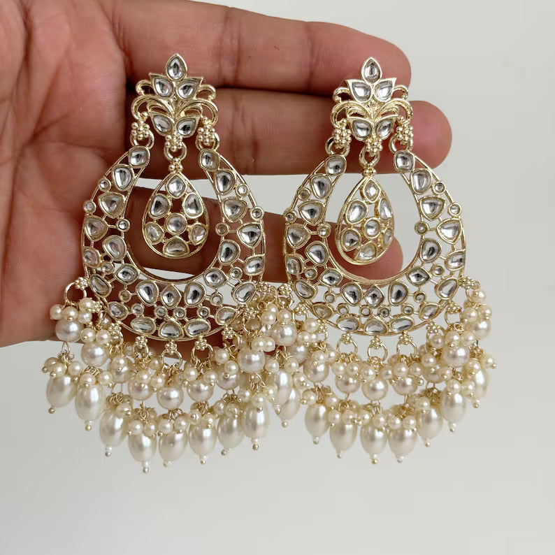 White gold Pearl Kundan chandbali Earrings, White chandbali earrings, Indian pakistani wedding jewelry, bridesmaid gift