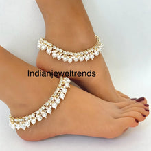 Gold Plated Pearl Kundan Anklet Pair/Payal/Moti Payal/Jhanjran/Panjeb/Pajeb/Indian Traditional Anklets/Indian Jewelry/ Pakistani Jewelry