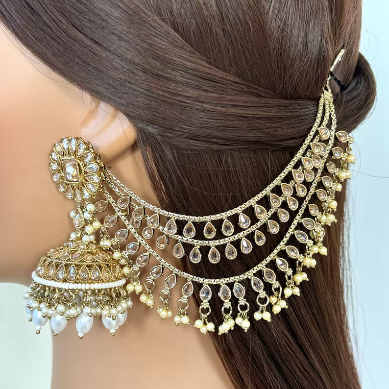 Antique dull Gold Polki pearl Ear Chain/Sahare/Pearl kaan chain/Earring support chain/Indian Jewelry/Pakistani Jewelry/Bahubali Kaan sahara