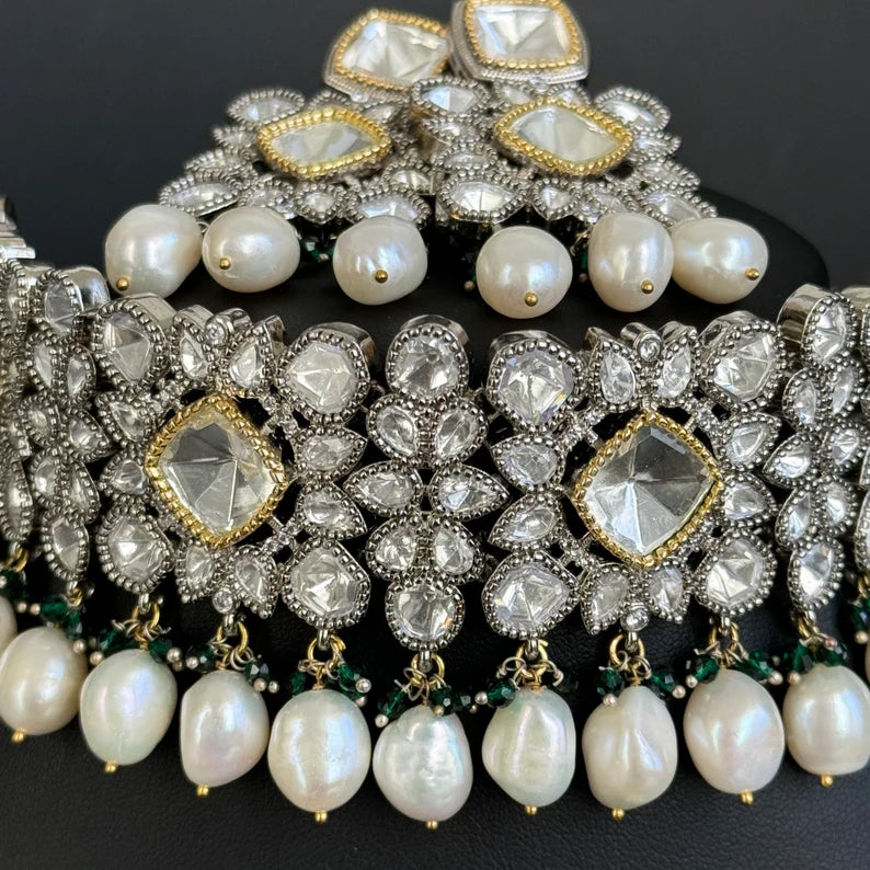 White Moissanite Polki Dual tone necklace, Polki Kundan Necklace, Sabyasachi Necklace, Semi Precious, Bollywood Pakistani, Bridal Necklace