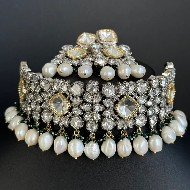 White Moissanite Polki Dual tone necklace, Polki Kundan Necklace, Sabyasachi Necklace, Semi Precious, Bollywood Pakistani, Bridal Necklace