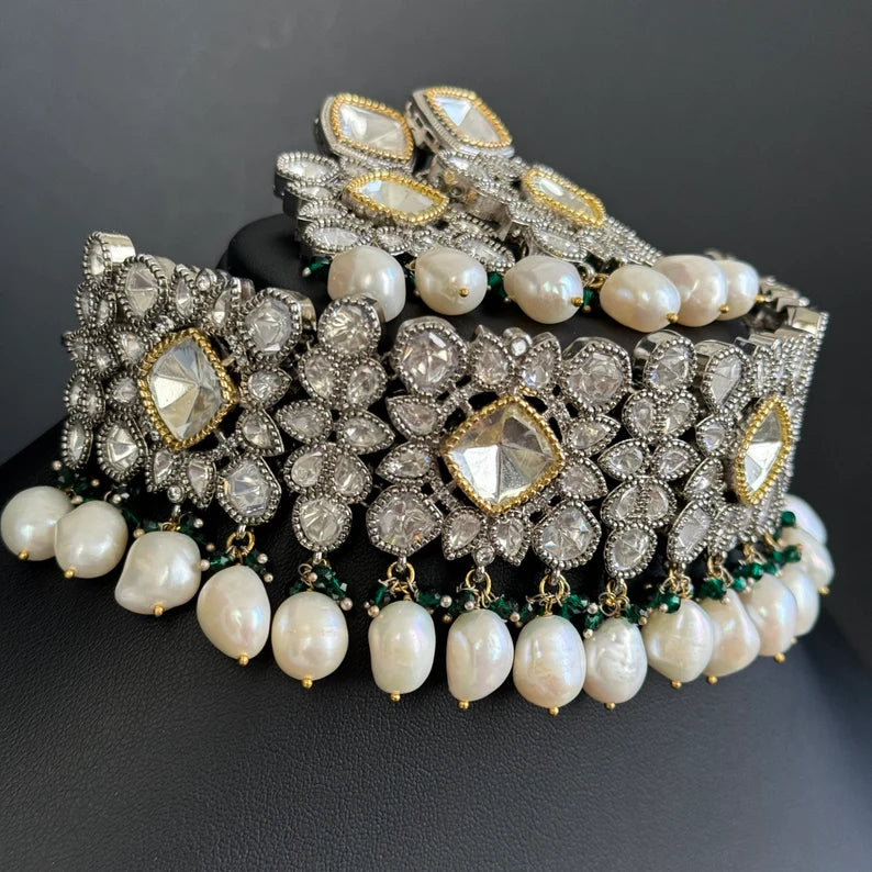 White Moissanite Polki Dual tone necklace, Polki Kundan Necklace, Sabyasachi Necklace, Semi Precious, Bollywood Pakistani, Bridal Necklace