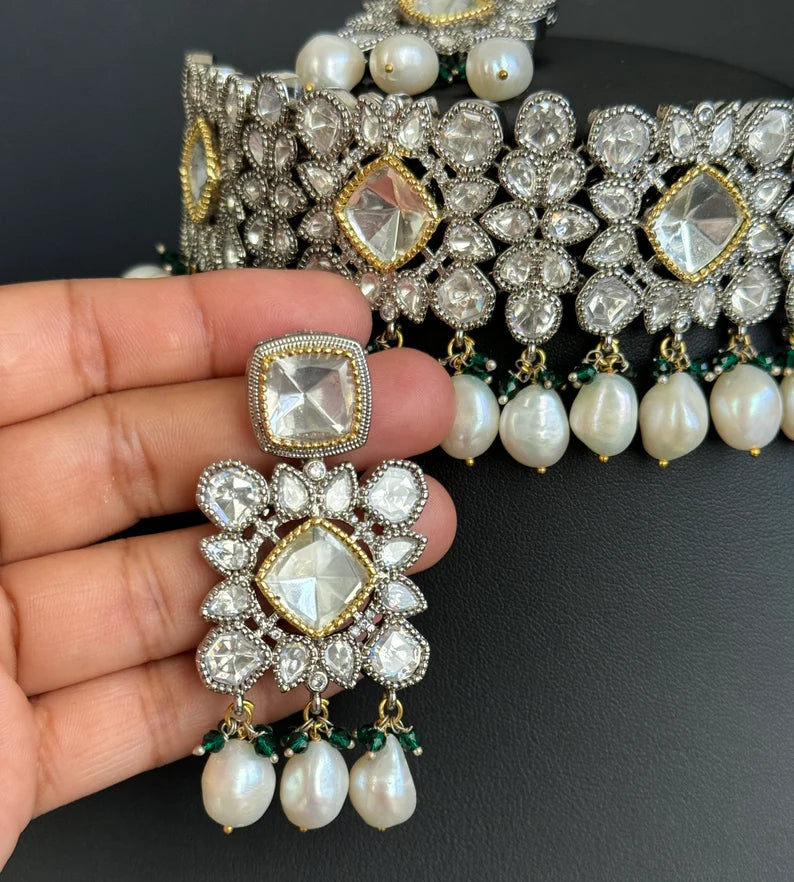 White Moissanite Polki Dual tone necklace, Polki Kundan Necklace, Sabyasachi Necklace, Semi Precious, Bollywood Pakistani, Bridal Necklace