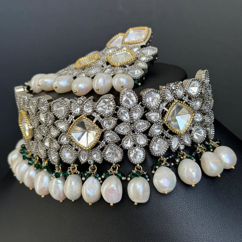 White Moissanite Polki Dual tone necklace, Polki Kundan Necklace, Sabyasachi Necklace, Semi Precious, Bollywood Pakistani, Bridal Necklace