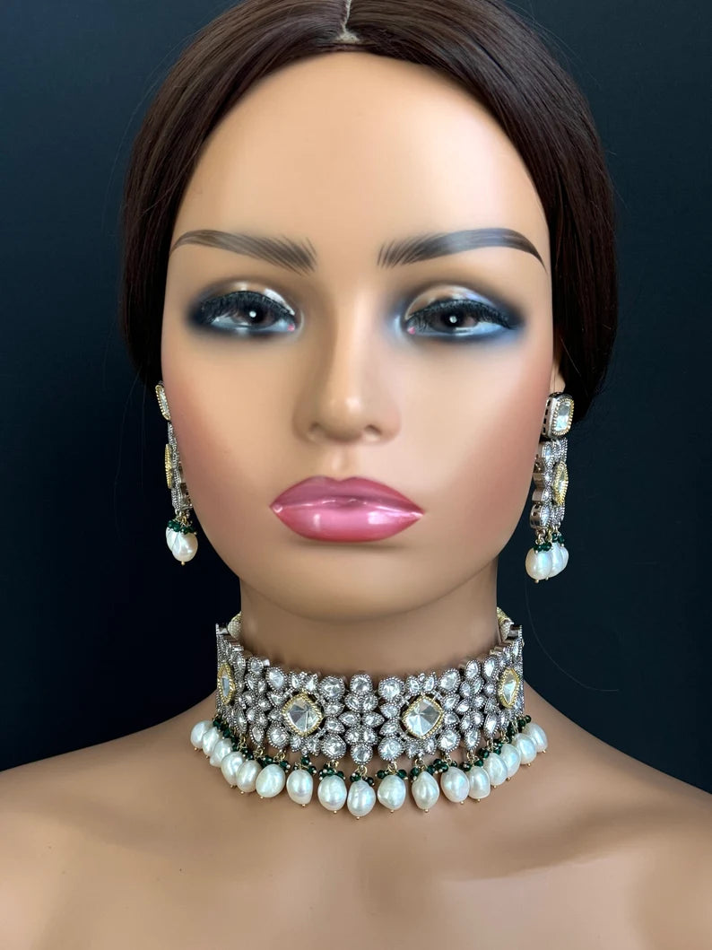 White Moissanite Polki Dual tone necklace, Polki Kundan Necklace, Sabyasachi Necklace, Semi Precious, Bollywood Pakistani, Bridal Necklace