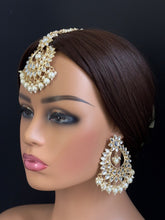 Gold Kundan Tikka w/Earring Set Indian Bridal Maang Tikka Teeka Tika Headpiece Handmade Pearl Jewelry For Women Bollywood Bridesmaid Gifts
